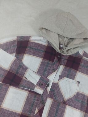 Maurices Burgundy Plaid Button-Down Hooded Shirt